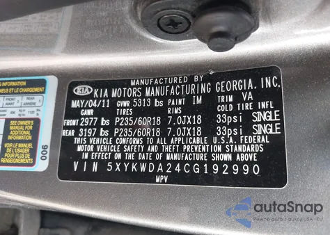 2012 Kia Sorento Sx V6 z USA, uszkodzony, nr VIN 5XYKWDA24CG192990